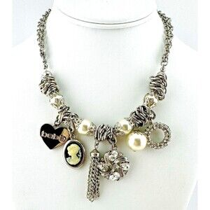 Bebe Y2K Charm Necklace Silver Tone Cameo Faux Pearl Rhinestone Statement